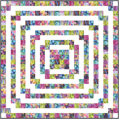 Gradient Echo is a fun and funky quilt that makes a bold statement with color and design. Bright colored fabric is used in rings around the white background.  Looks like the soundwave of an echo.