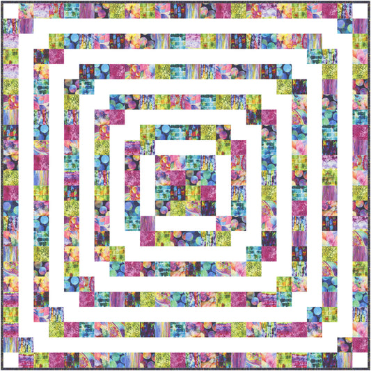 Gradient Echo is a fun and funky quilt that makes a bold statement with color and design. Bright colored fabric is used in rings around the white background.  Looks like the soundwave of an echo.