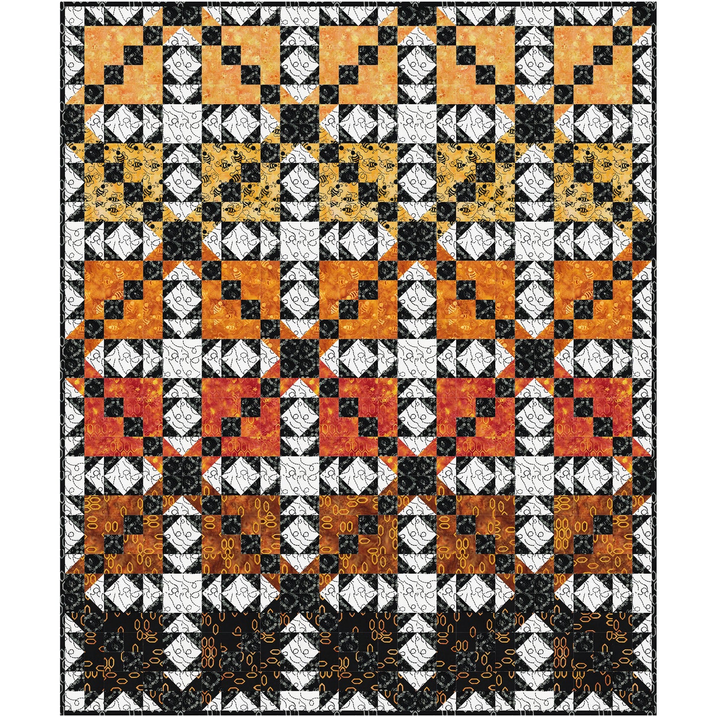 quilt combines bold geometric blocks with lively movement and rich batik textures. The alternating blocks create a playful secondary design, while dramatic black-and-white accents frame warm golden, amber, and honey-inspired fabrics, giving the quilt depth and sparkle.