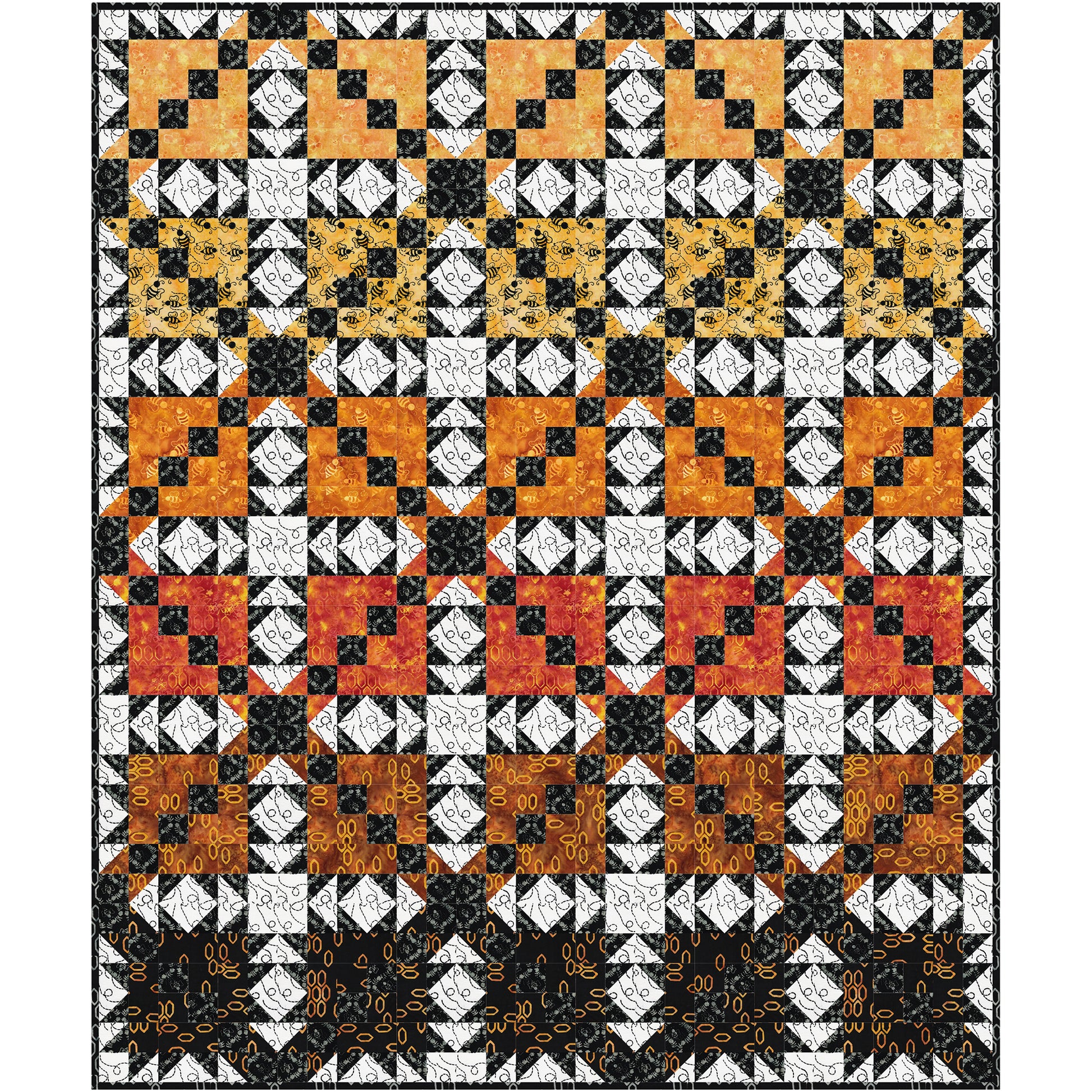 quilt combines bold geometric blocks with lively movement and rich batik textures. The alternating blocks create a playful secondary design, while dramatic black-and-white accents frame warm golden, amber, and honey-inspired fabrics, giving the quilt depth and sparkle.