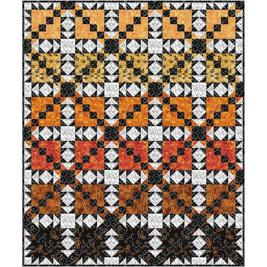 quilt combines bold geometric blocks with lively movement and rich batik textures. The alternating blocks create a playful secondary design, while dramatic black-and-white accents frame warm golden, amber, and honey-inspired fabrics, giving the quilt depth and sparkle.