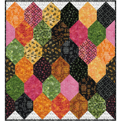 Bee Honeycomb is a fresh, modern quilt inspired by the beautiful geometry of a beehive. Large hexagon-inspired blocks showcase rich colors and playful prints, creating a design that is striking.