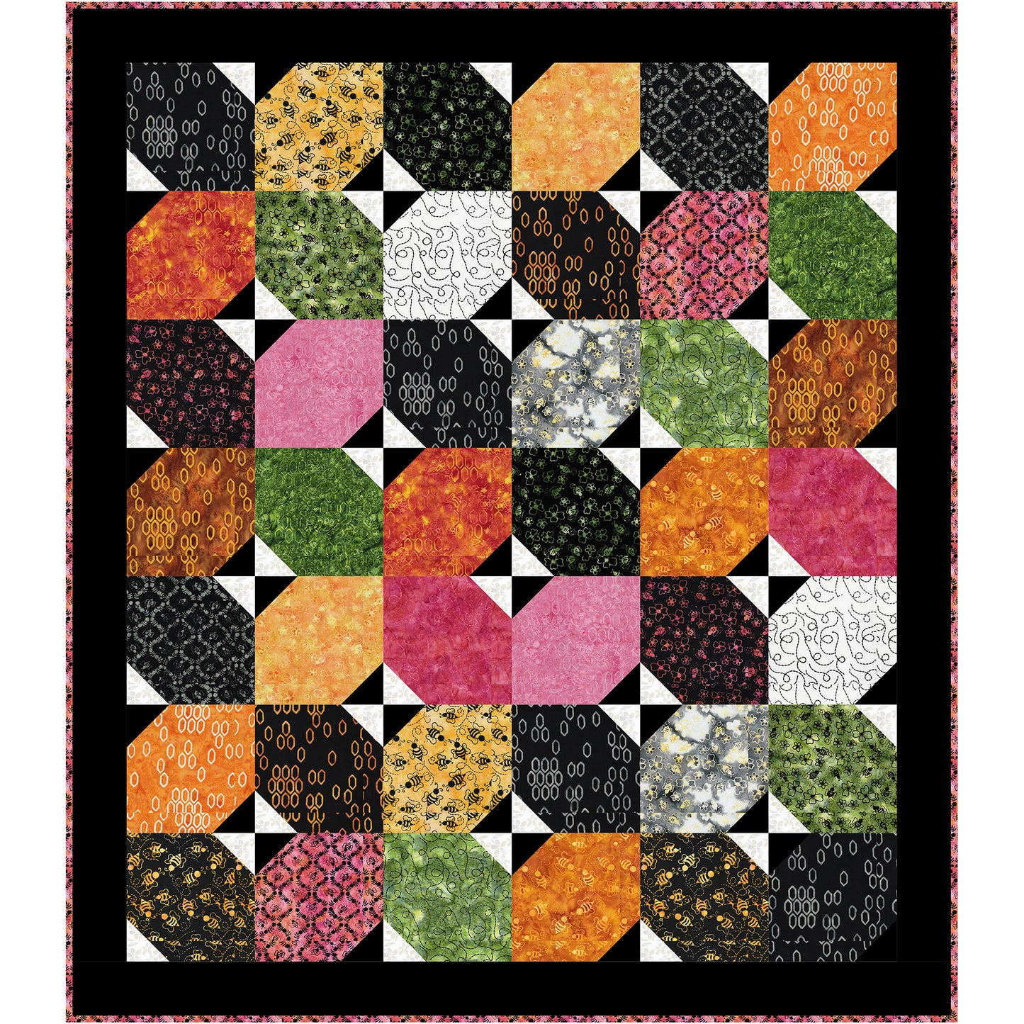 Cheerful quilt that celebrates the charm of bees, blossoms, and honeycomb-inspired prints. Large angled blocks create a lively secondary design while allowing the beautiful batiks to take center stage. 