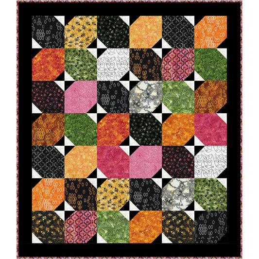 Cheerful quilt that celebrates the charm of bees, blossoms, and honeycomb-inspired prints. Large angled blocks create a lively secondary design while allowing the beautiful batiks to take center stage. 