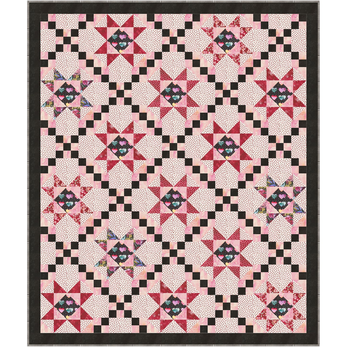 Sweetheart Stars is a heartwarming quilt that shines with playful star blocks and charming nine-patch chains, creating a design full of warmth, love, and timeless appeal. Each star showcases a whimsical heart print center, while the alternating chain blocks create beautiful movement across the quilt, making every star sparkle. 