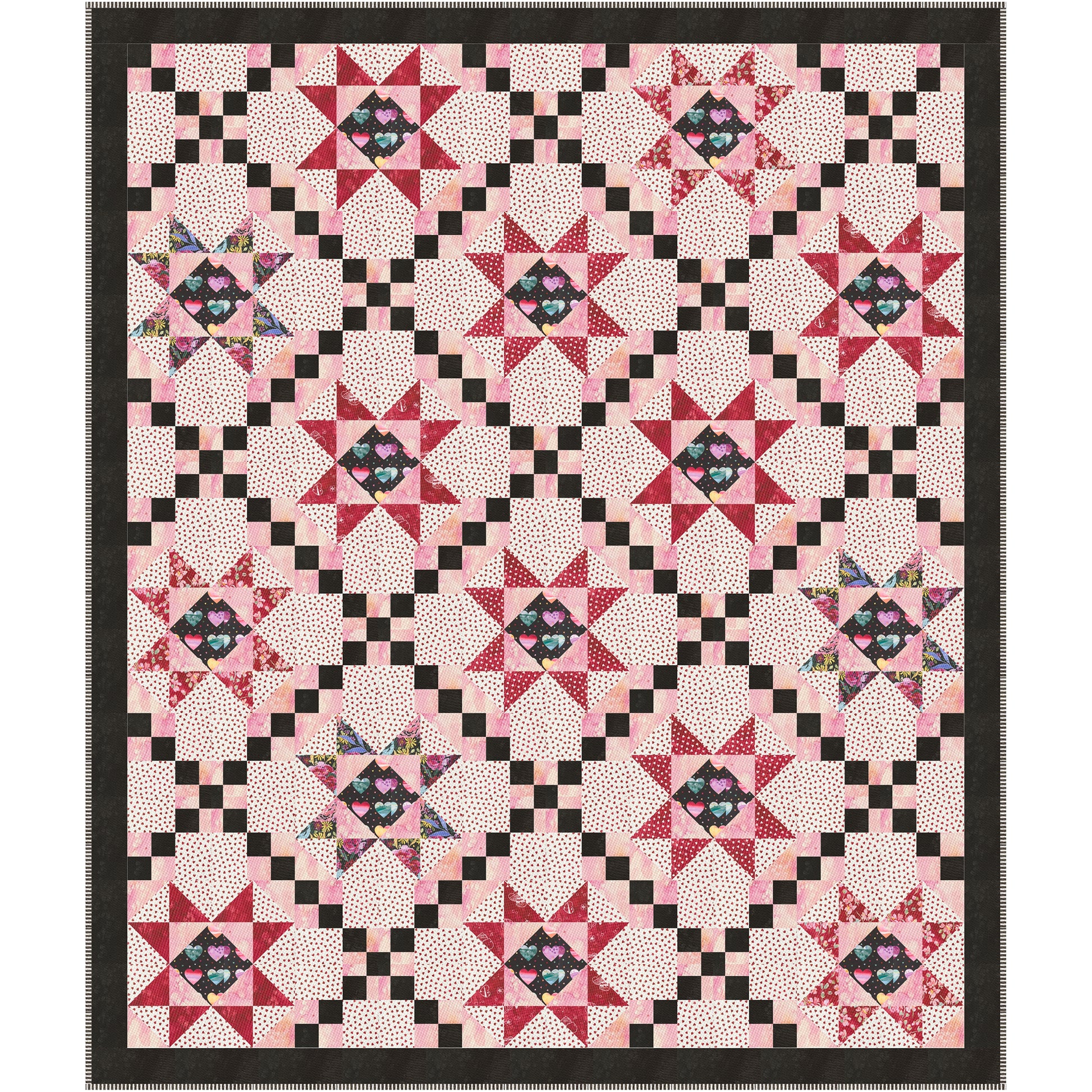 Sweetheart Stars is a heartwarming quilt that shines with playful star blocks and charming nine-patch chains, creating a design full of warmth, love, and timeless appeal. Each star showcases a whimsical heart print center, while the alternating chain blocks create beautiful movement across the quilt, making every star sparkle. 