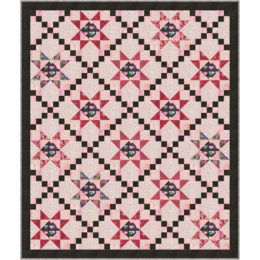 Sweetheart Stars is a heartwarming quilt that shines with playful star blocks and charming nine-patch chains, creating a design full of warmth, love, and timeless appeal. Each star showcases a whimsical heart print center, while the alternating chain blocks create beautiful movement across the quilt, making every star sparkle. 