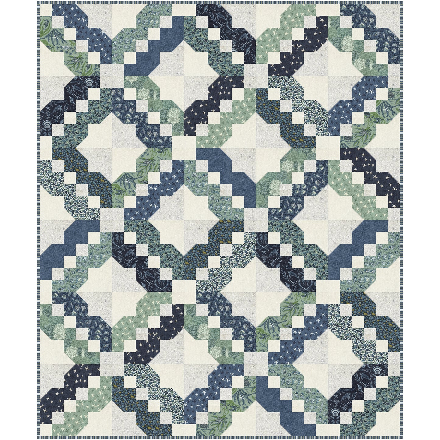 Take a relaxing stroll along the shore with Seaside Trail, a striking quilt that creates the illusion of winding coastal pathways framed by crisp star-like openings. Interlocking curves, soft angles, and sparkling secondary designs give this quilt beautiful movement.