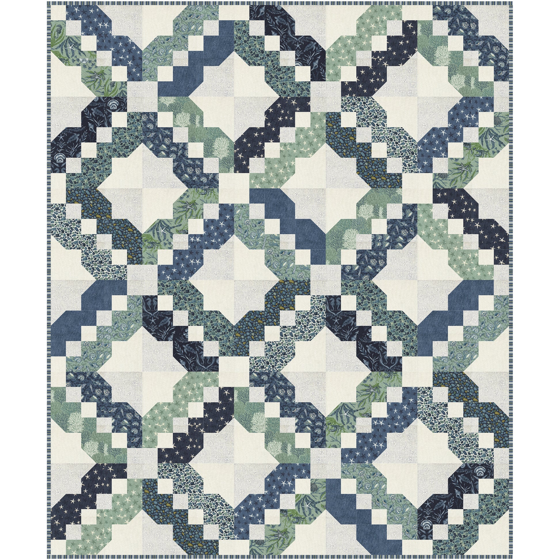 Take a relaxing stroll along the shore with Seaside Trail, a striking quilt that creates the illusion of winding coastal pathways framed by crisp star-like openings. Interlocking curves, soft angles, and sparkling secondary designs give this quilt beautiful movement.