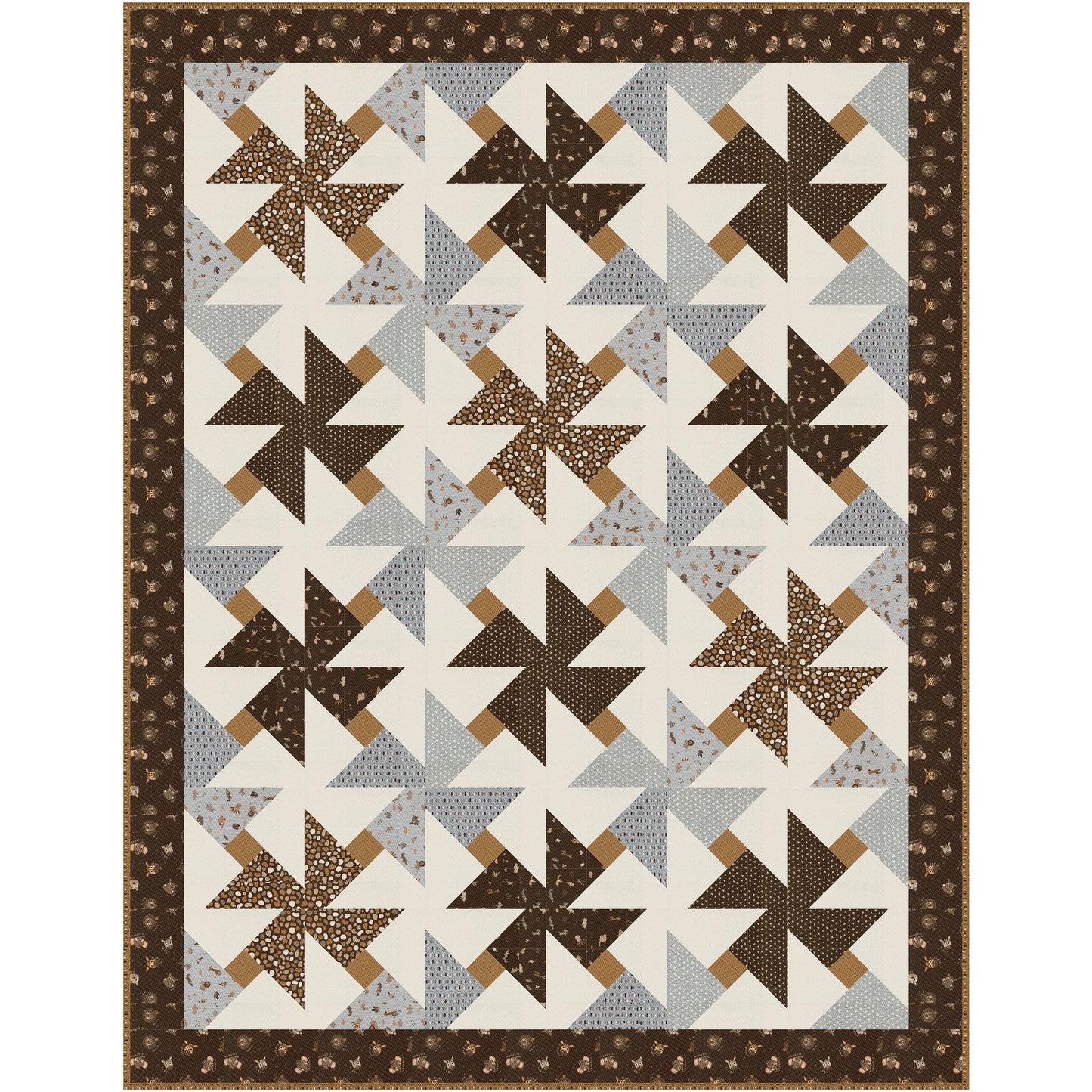This delightful quilt features bold pinwheel blocks that seem to spin across a crisp background, creating a fresh, energetic design that beautifully showcases the fabric you choose. 