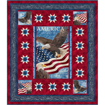 Quilt features two american eagles with "America", and american flag and "since 1776". Bordered by stars and more patriotic images.