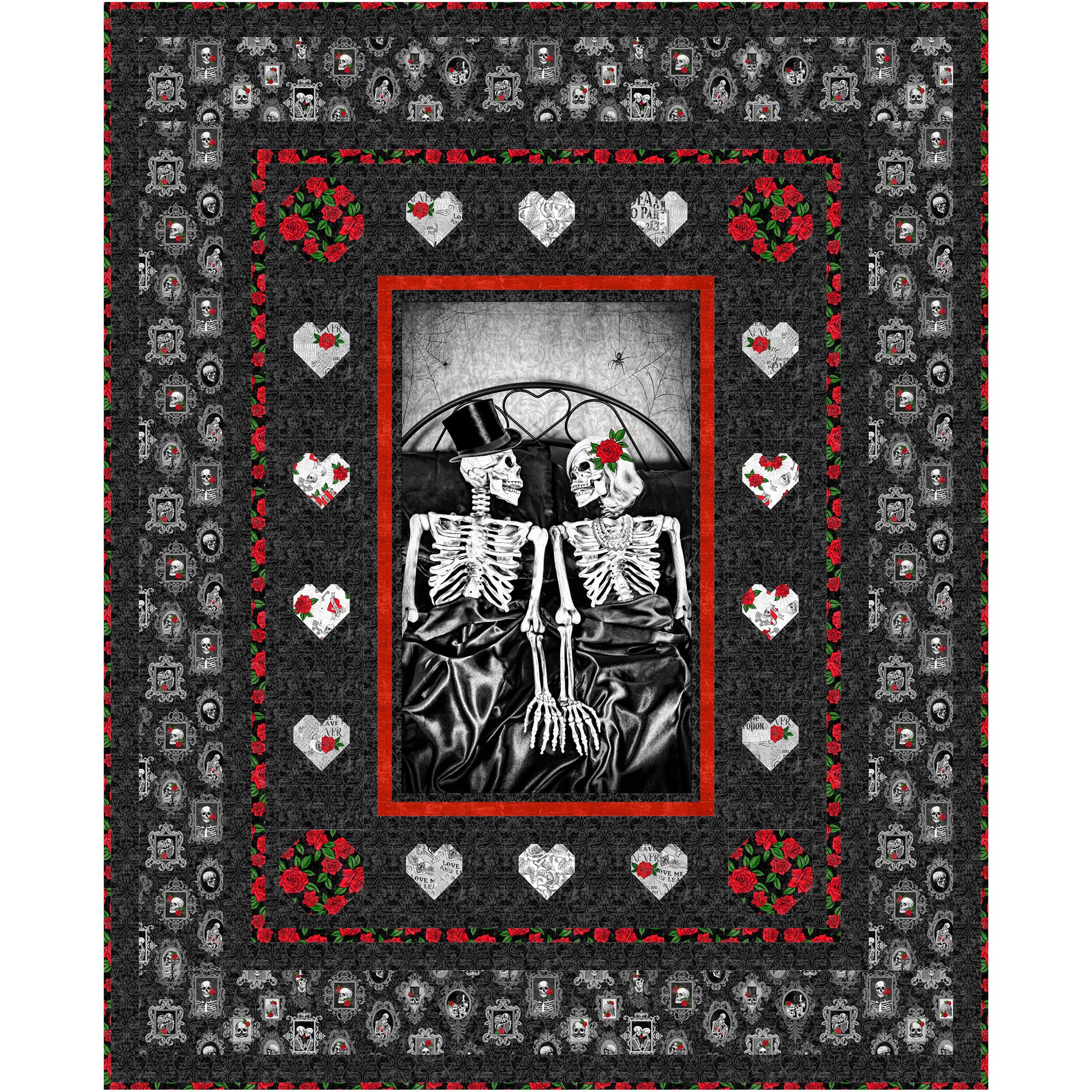 Sweet quilt pattern features a loving skeleton couple with top hat and rose looking lovingly at each other. Border features hearts.