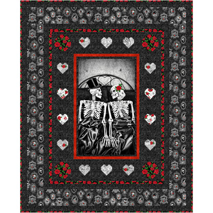 Sweet quilt pattern features a loving skeleton couple with top hat and rose looking lovingly at each other. Border features hearts.