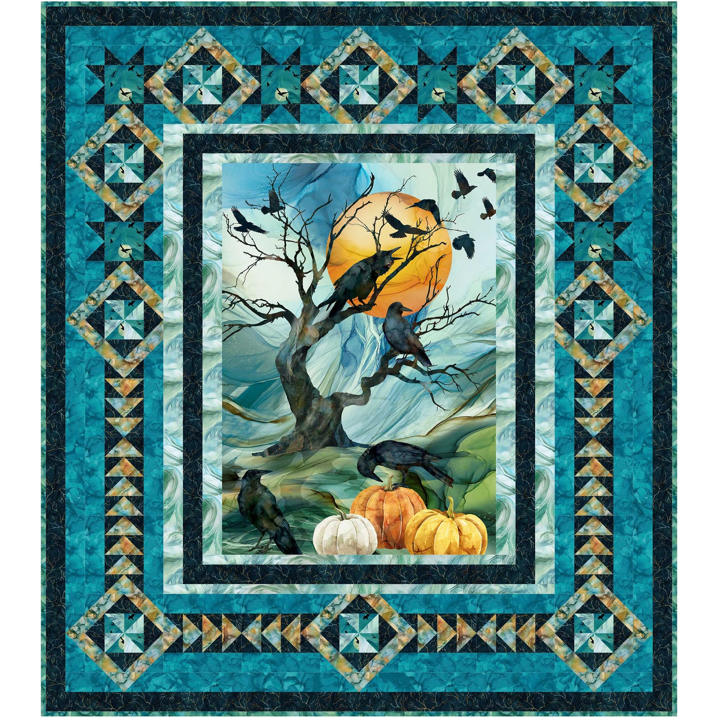 Harvest Moon is a wonderful and fabulous quilt that celebrates the magic of the fall/autumn season with a colorful and spooky center panel. A striking center panel sets the mood, drawing you in with rich color and playful spookiness, while creative surrounding blocks add movement, texture, and visual interest.