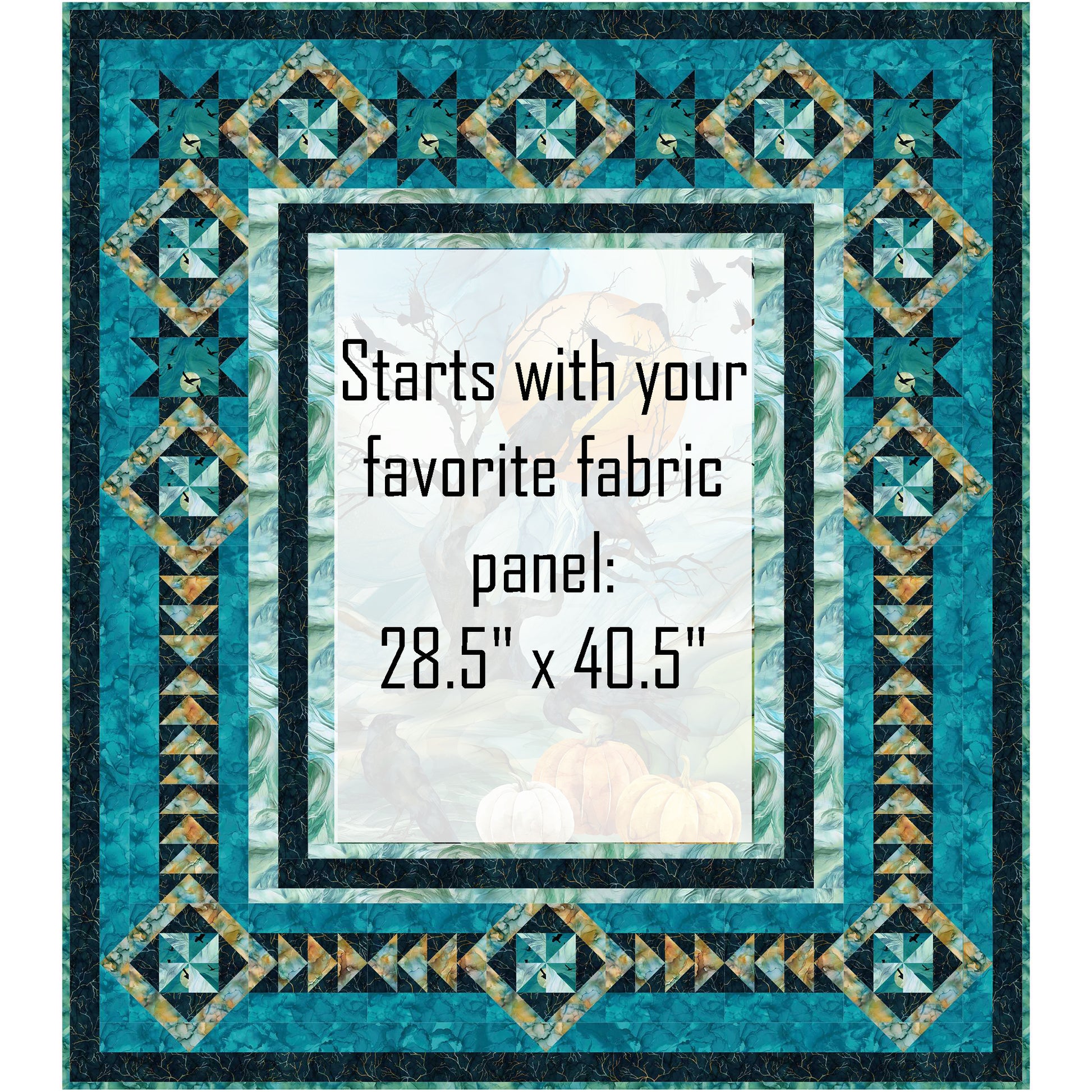 Harvest Moon is a wonderful and fabulous quilt that celebrates the magic of the fall/autumn season with a colorful and spooky center panel. A striking center panel sets the mood, drawing you in with rich color and playful spookiness, while creative surrounding blocks add movement, texture, and visual interest. Center panel has been shaded out to let you see where you can add your own fabric panel. Panel size is 28 and a half inches by 40 and a half inches.