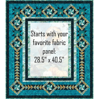 Harvest Moon is a wonderful and fabulous quilt that celebrates the magic of the fall/autumn season with a colorful and spooky center panel. A striking center panel sets the mood, drawing you in with rich color and playful spookiness, while creative surrounding blocks add movement, texture, and visual interest. Center panel has been shaded out to let you see where you can add your own fabric panel. Panel size is 28 and a half inches by 40 and a half inches.