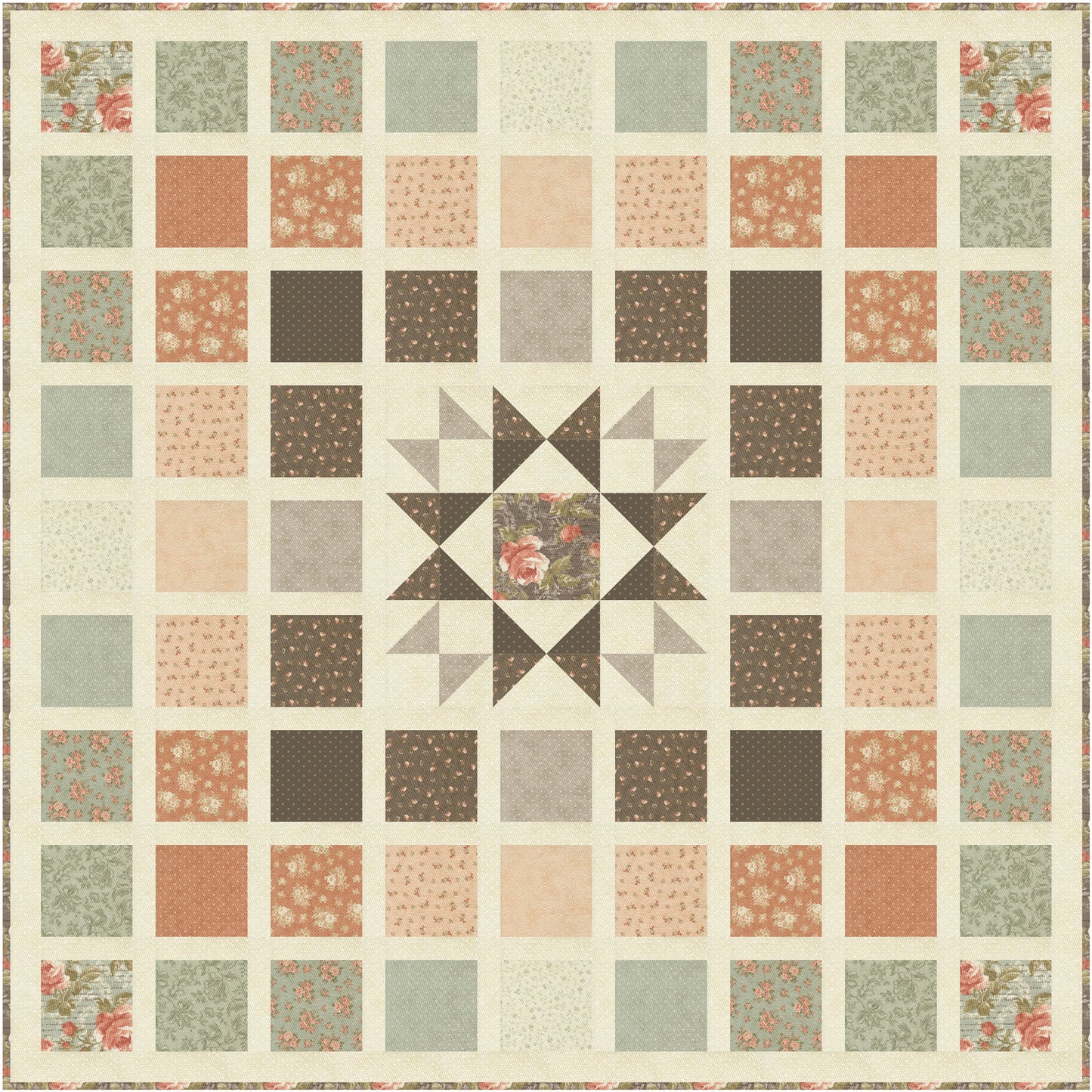 Dearly Beloved Mosaic is a timeless quilt design that beautifully blends classic patchwork with a striking center star, creating the look of a treasured heirloom. Framed by a graceful arrangement of simple squares, the bold star block draws the eye while allowing the surrounding fabrics to shine in a balanced, elegant composition.