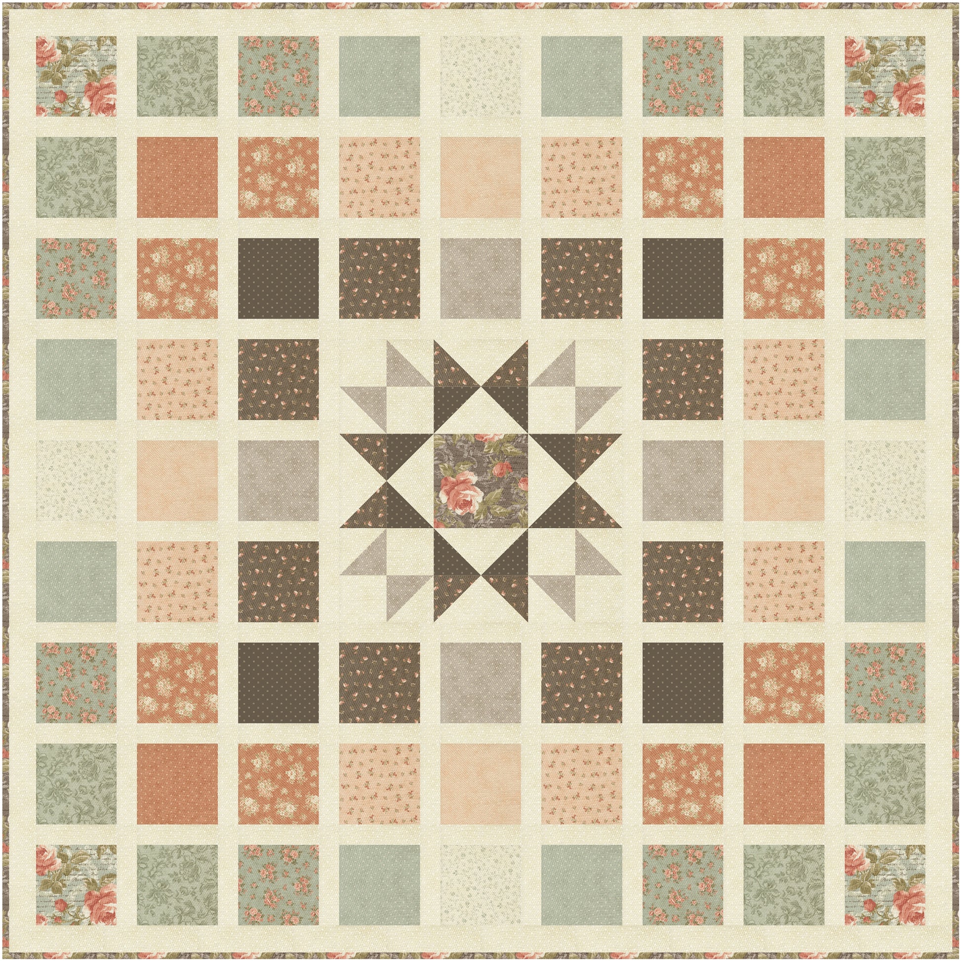 Dearly Beloved Mosaic is a timeless quilt design that beautifully blends classic patchwork with a striking center star, creating the look of a treasured heirloom. Framed by a graceful arrangement of simple squares, the bold star block draws the eye while allowing the surrounding fabrics to shine in a balanced, elegant composition.
