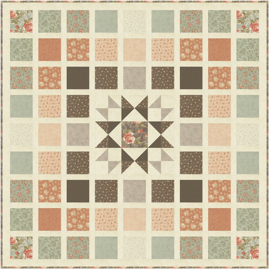 Dearly Beloved Mosaic is a timeless quilt design that beautifully blends classic patchwork with a striking center star, creating the look of a treasured heirloom. Framed by a graceful arrangement of simple squares, the bold star block draws the eye while allowing the surrounding fabrics to shine in a balanced, elegant composition.
