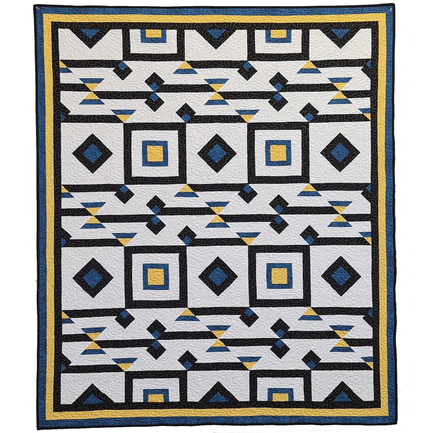 Fun quilt features three colors with blocks and optical illusions of popping squares with a background color along with yellow, black, and blue.