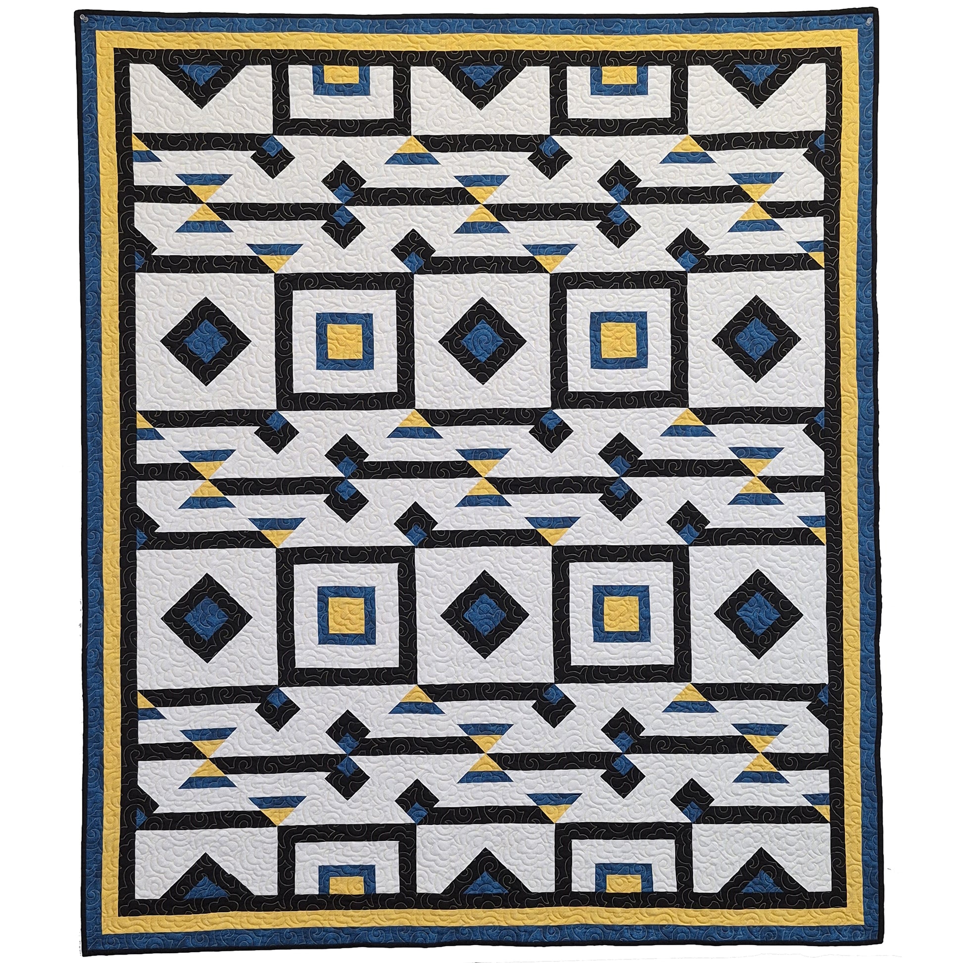 Fun quilt features three colors with blocks and optical illusions of popping squares with a background color along with yellow, black, and blue.