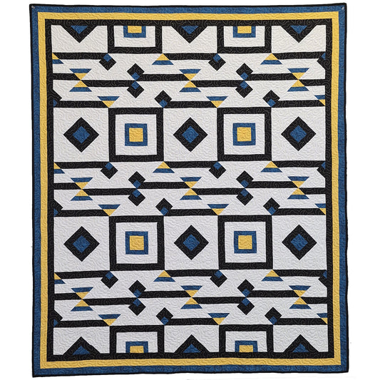 Fun quilt features three colors with blocks and optical illusions of popping squares with a background color along with yellow, black, and blue.