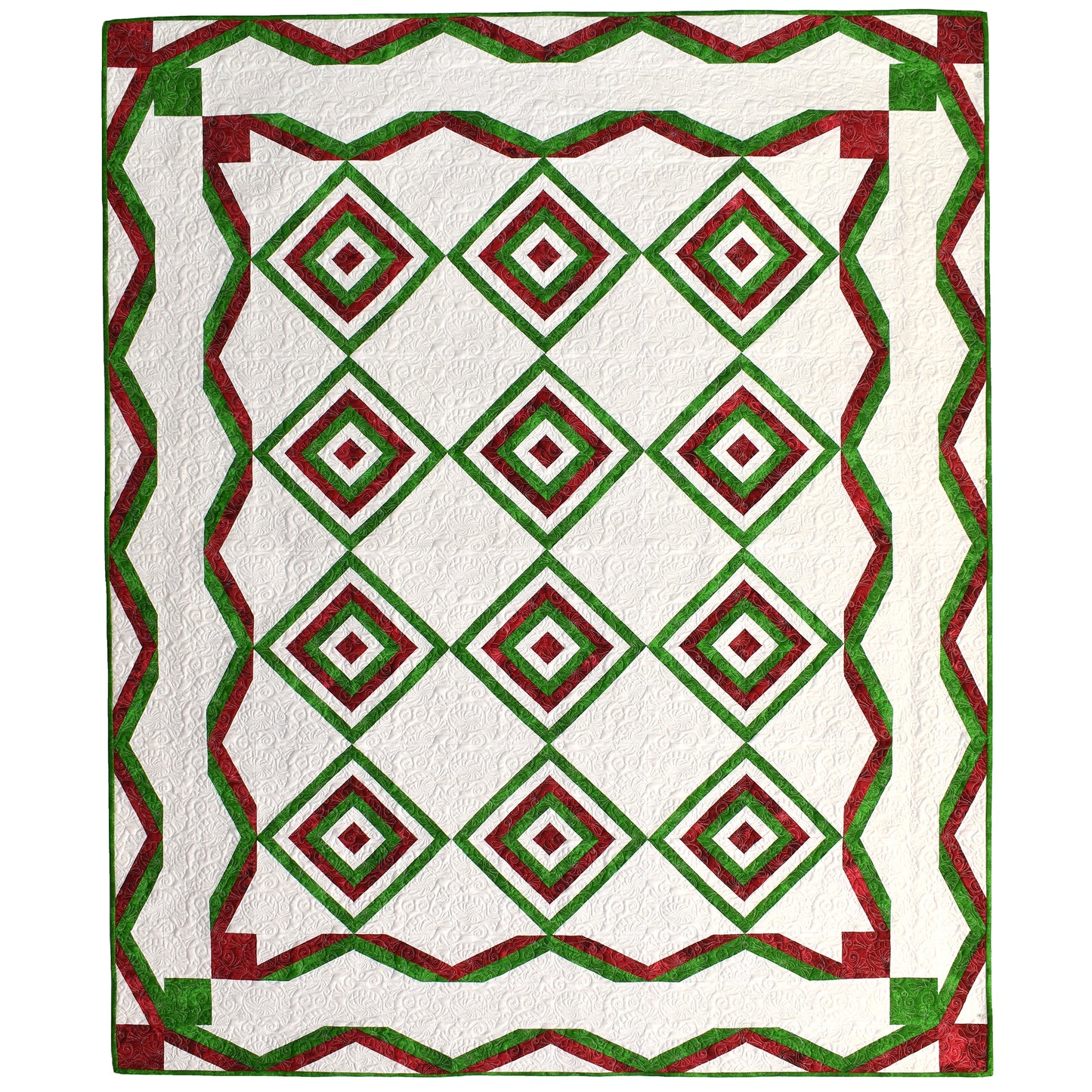 This festive quilt features classic geometric blocks in red, green, and white. Designer calls it wrapping ribbon around peppermints. Inside peppermint diamonds are in red, green and white with red and green ribbons bordering the entire quilt.