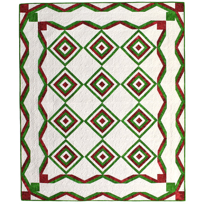 This festive quilt features classic geometric blocks in red, green, and white. Designer calls it wrapping ribbon around peppermints. Inside peppermint diamonds are in red, green and white with red and green ribbons bordering the entire quilt.