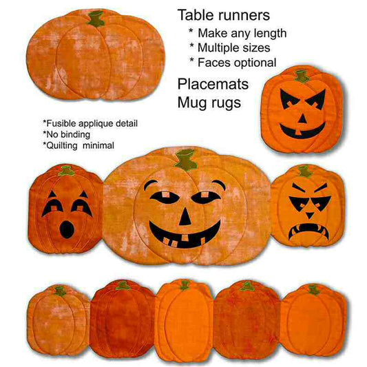 Shows a number of pumpkins using fabric to make different looks and sizes. Some are jack-o-lanterns.