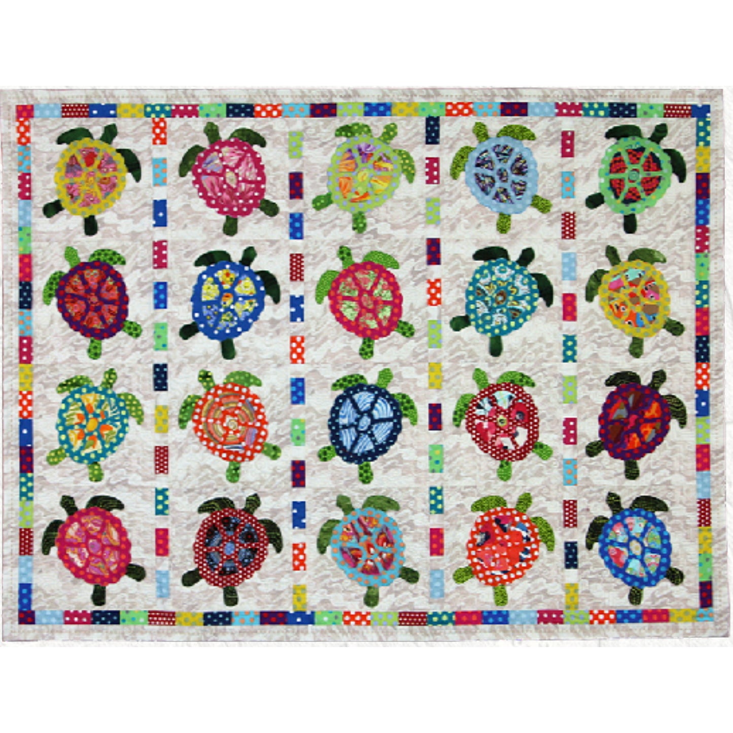 What's more fun than having twenty, colorful turtles traipsing up your wall with this quilt?