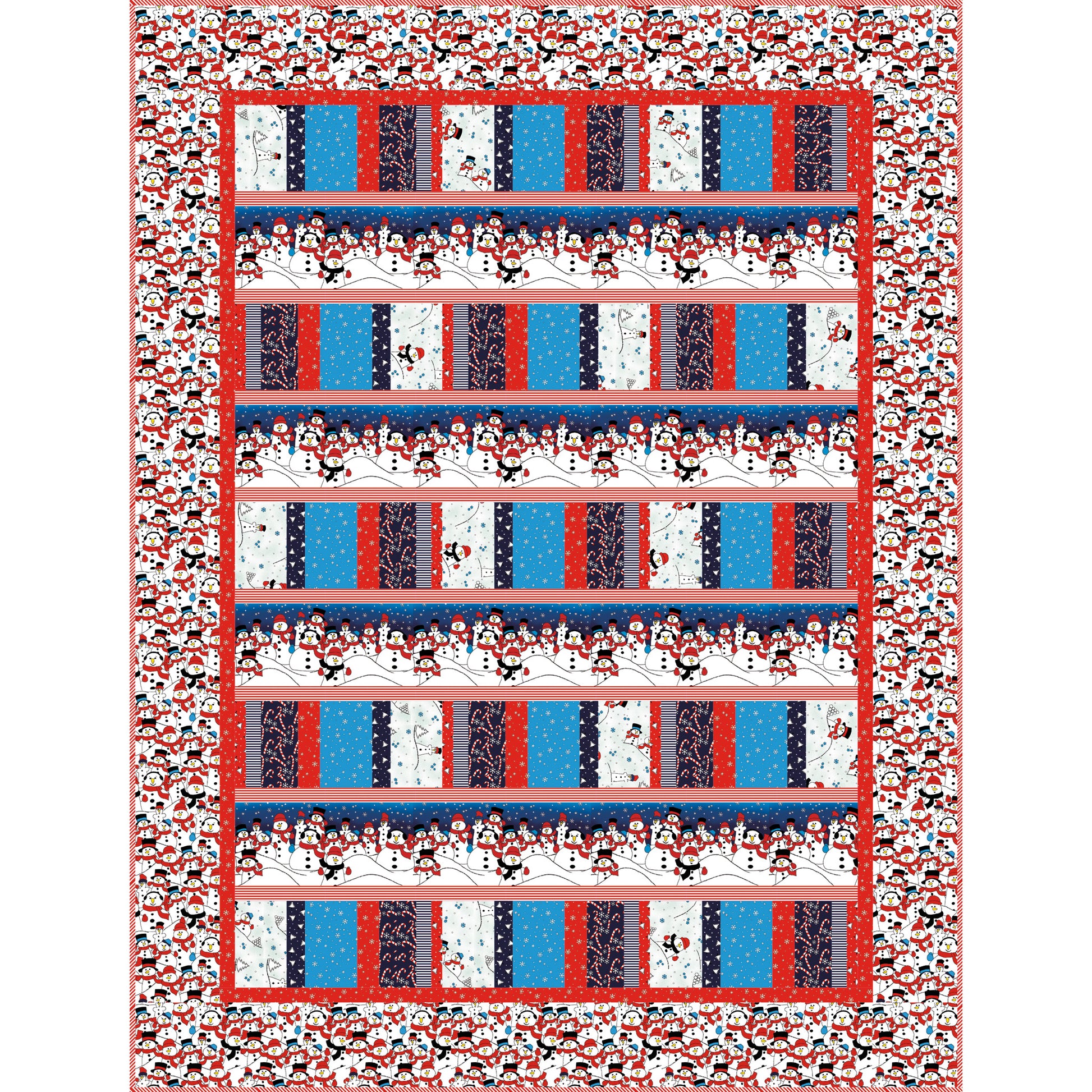 Quilt with a pattern of blue, red, and white rectangles on a white background