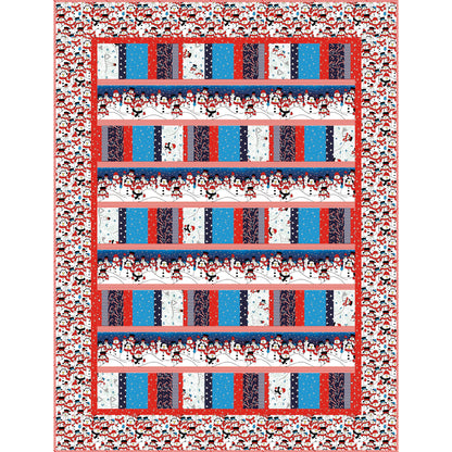 Quilt with a pattern of blue, red, and white rectangles on a white background