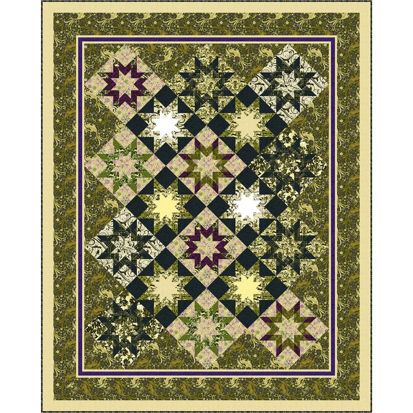 Pretty star blocks with center color and outline as a different color and fabric. Mostly in green fabric.