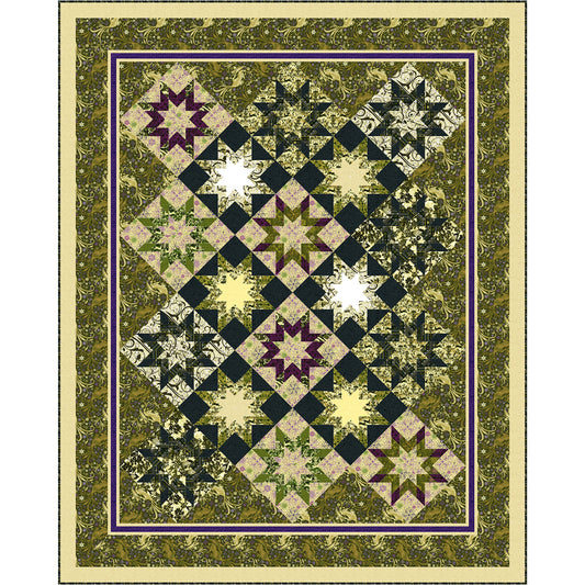 Pretty star blocks with center color and outline as a different color and fabric. Mostly in green fabric.