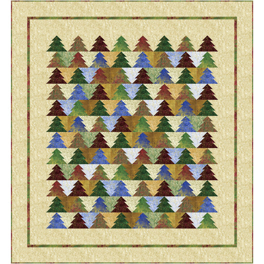 Queen-sized quilt features a forest of colorful pine trees on a neutral background.