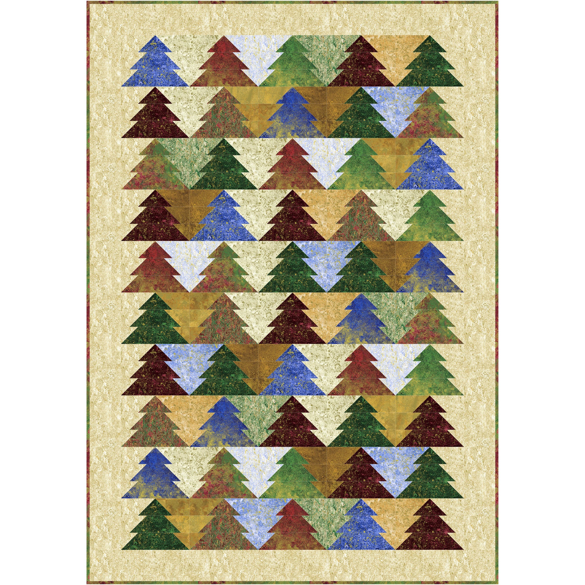 Lap-sized quilt features a forest of colorful pine trees on a neutral background.