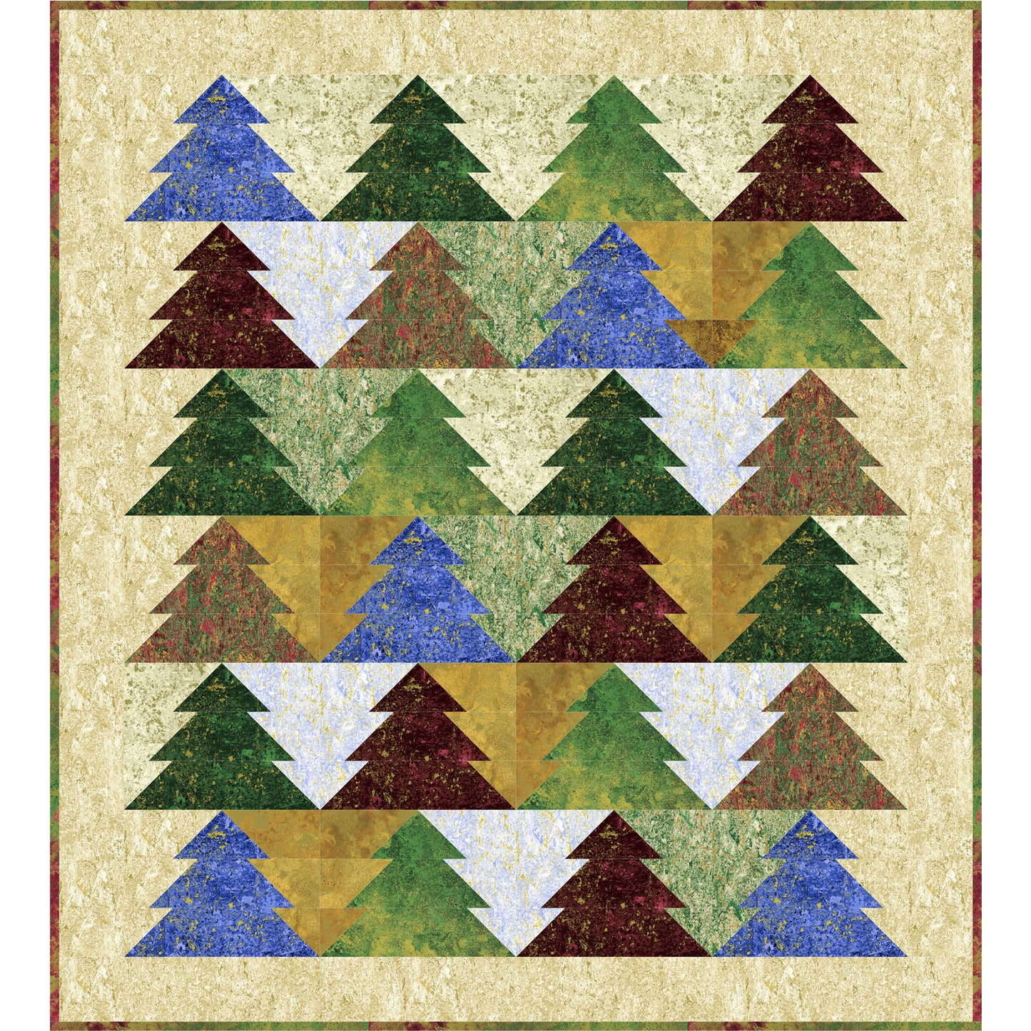 Wall hanging-sized quilt features a forest of colorful pine trees on a neutral background.