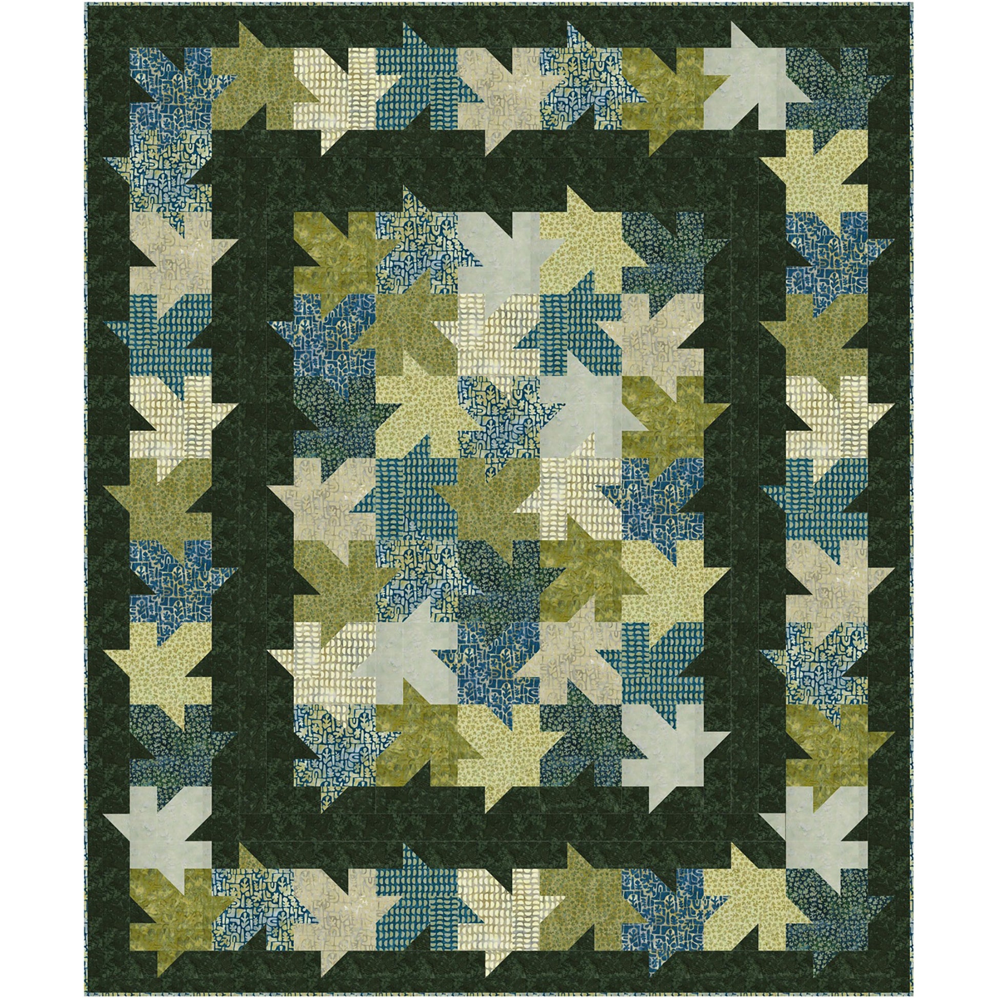 Tessellating leaf quilt. Beautiful how all the textured fabric leaves look like they're falling or landed in a pretty pile on this quilt.  This version includes a strip of solid in the middle between the main and outer "piles" of leaves.