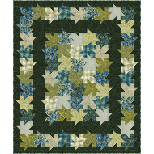 Tessellating leaf quilt. Beautiful how all the textured fabric leaves look like they're falling or landed in a pretty pile on this quilt.  This version includes a strip of solid in the middle between the main and outer "piles" of leaves.