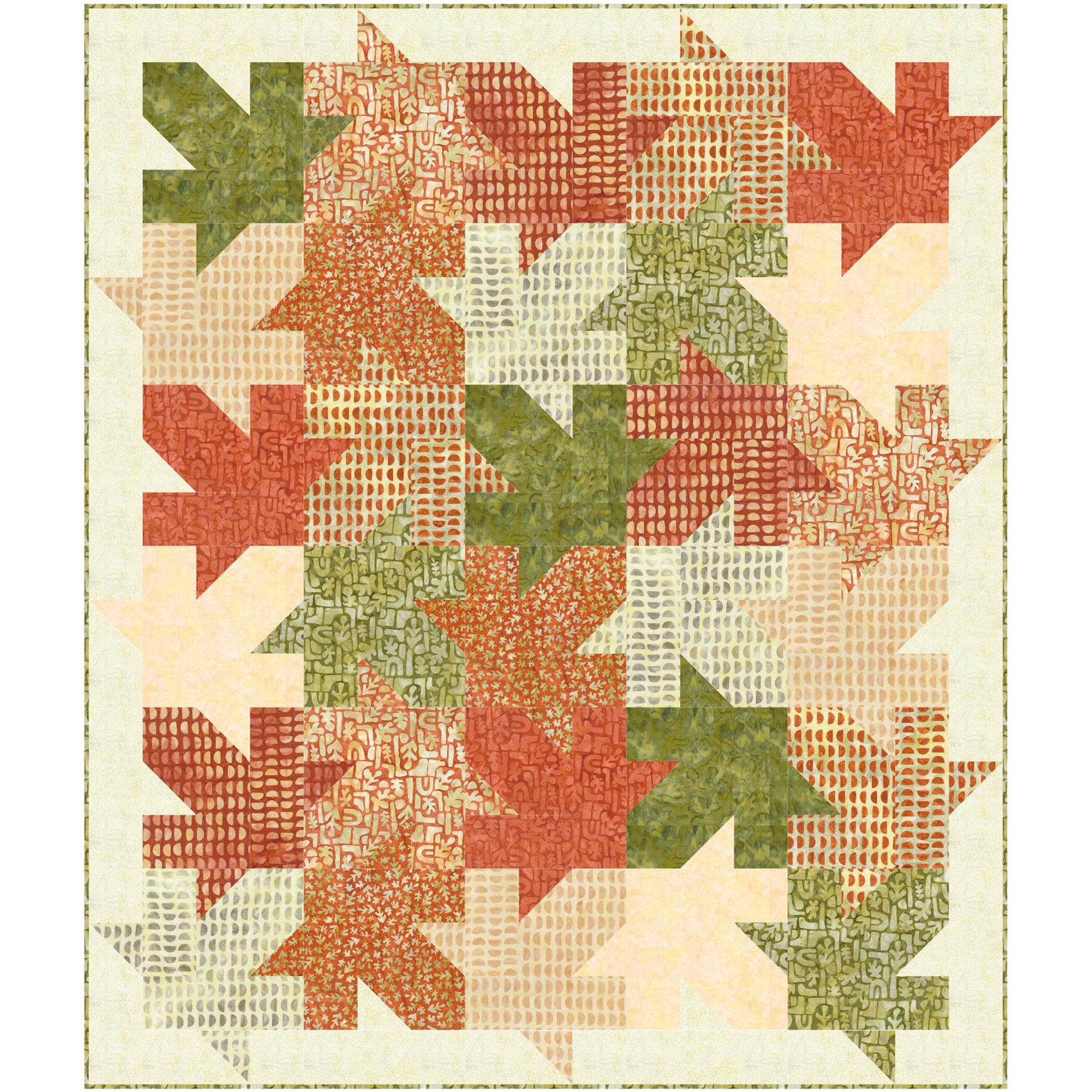 Tessellating leaf quilt. Beautiful how all the textured fabric leaves look like they're falling or landed in a pretty pile on this quilt.