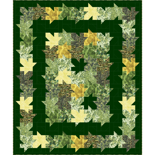 Beautiful quilt of colorful leaves in greens and yellow on a dark green background. Like jumping into a pile of leaves.