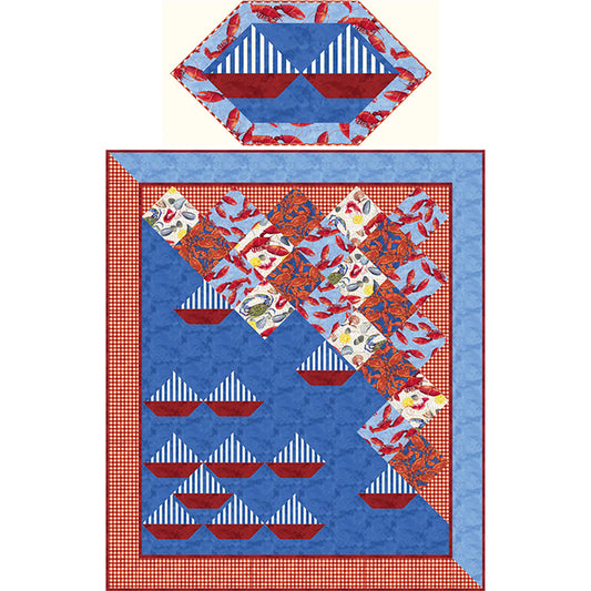 Bar Harbor quilt shows the placemat with two boats and quilt with boats on the water.