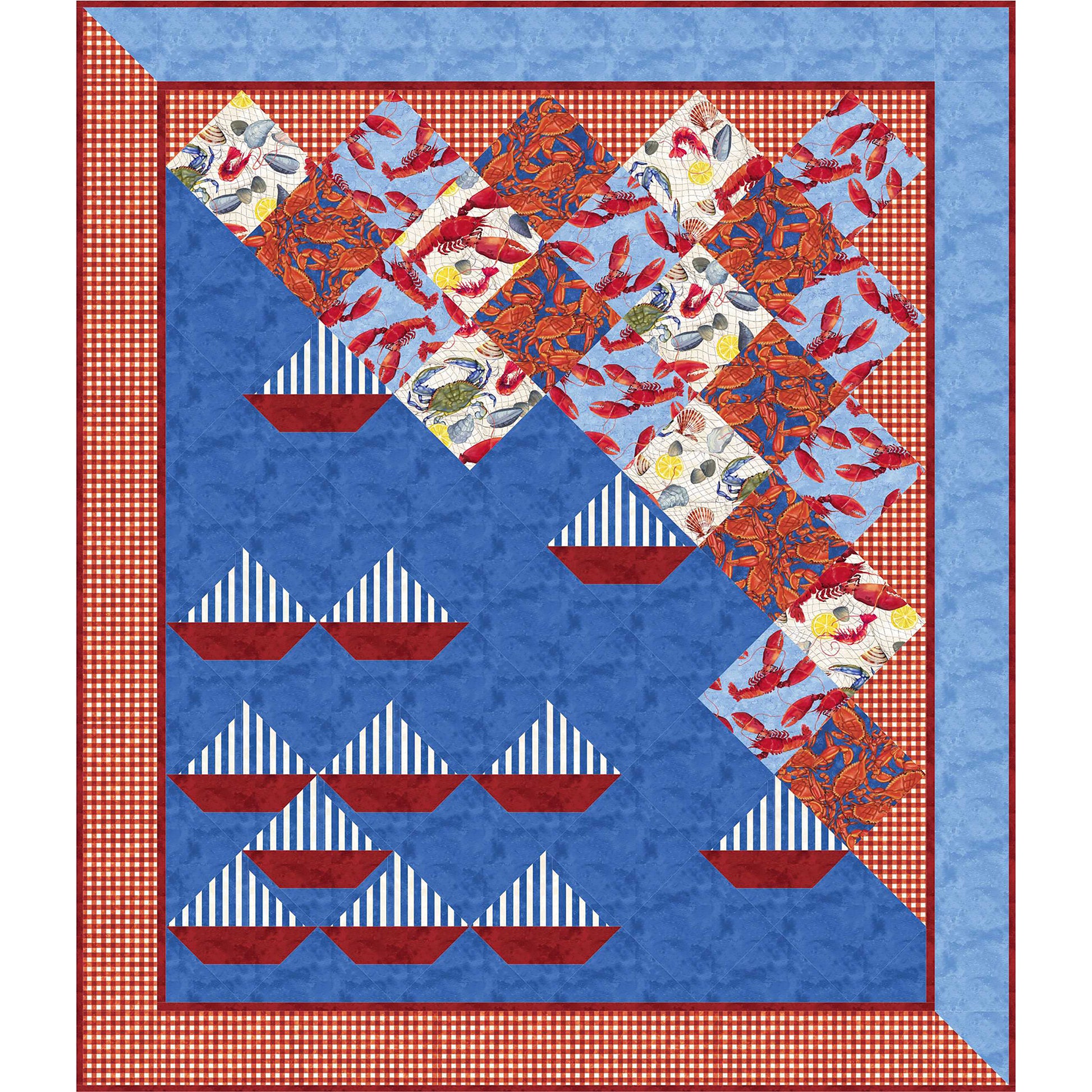 Bar Harbor quilt with boats on the water of blue fabric and a coast made of diamonds of different nautical themes.