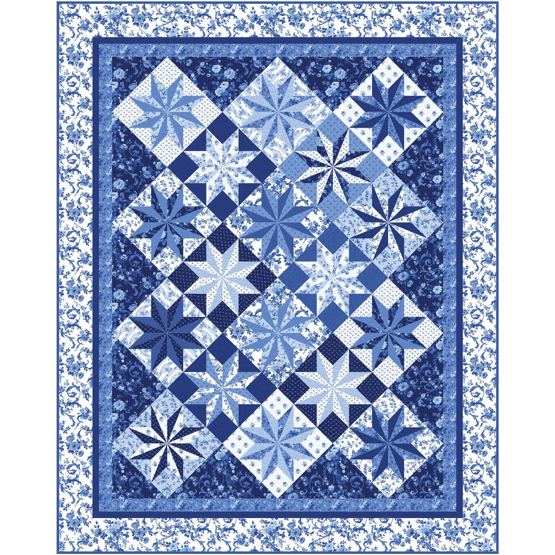 Beautiful quilt features blue fabric and diamonds of star motifs.