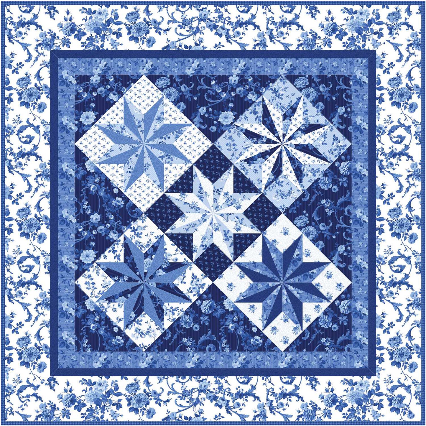 Beautiful quilt features blue fabric and diamonds of star motifs.