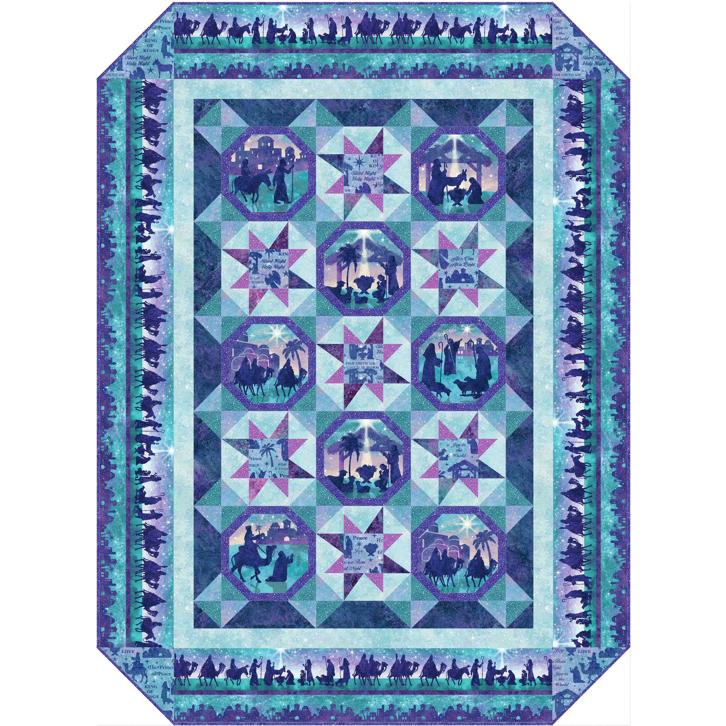 Beautiful quilt features nativity scene blocks and border with star blocks in blue and purple.