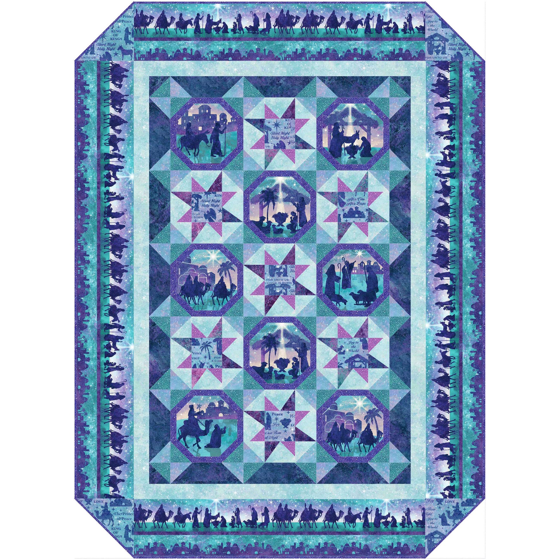 Beautiful quilt features nativity scene blocks and border with star blocks in blue and purple.