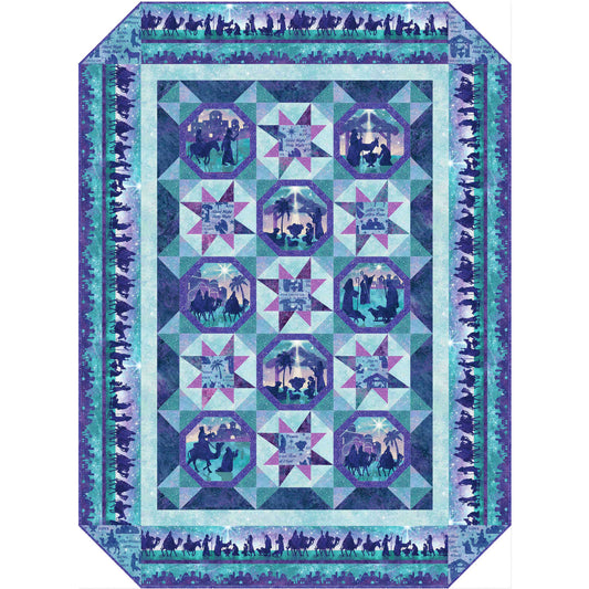 Beautiful quilt features nativity scene blocks and border with star blocks in blue and purple.