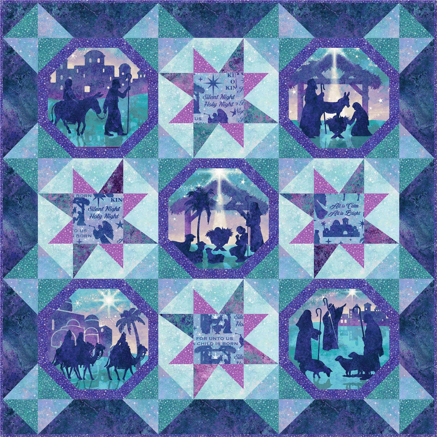 Pretty, festive quilt in blues with purple accent fabric features snowball blocks and stars with nativity scene fabric.