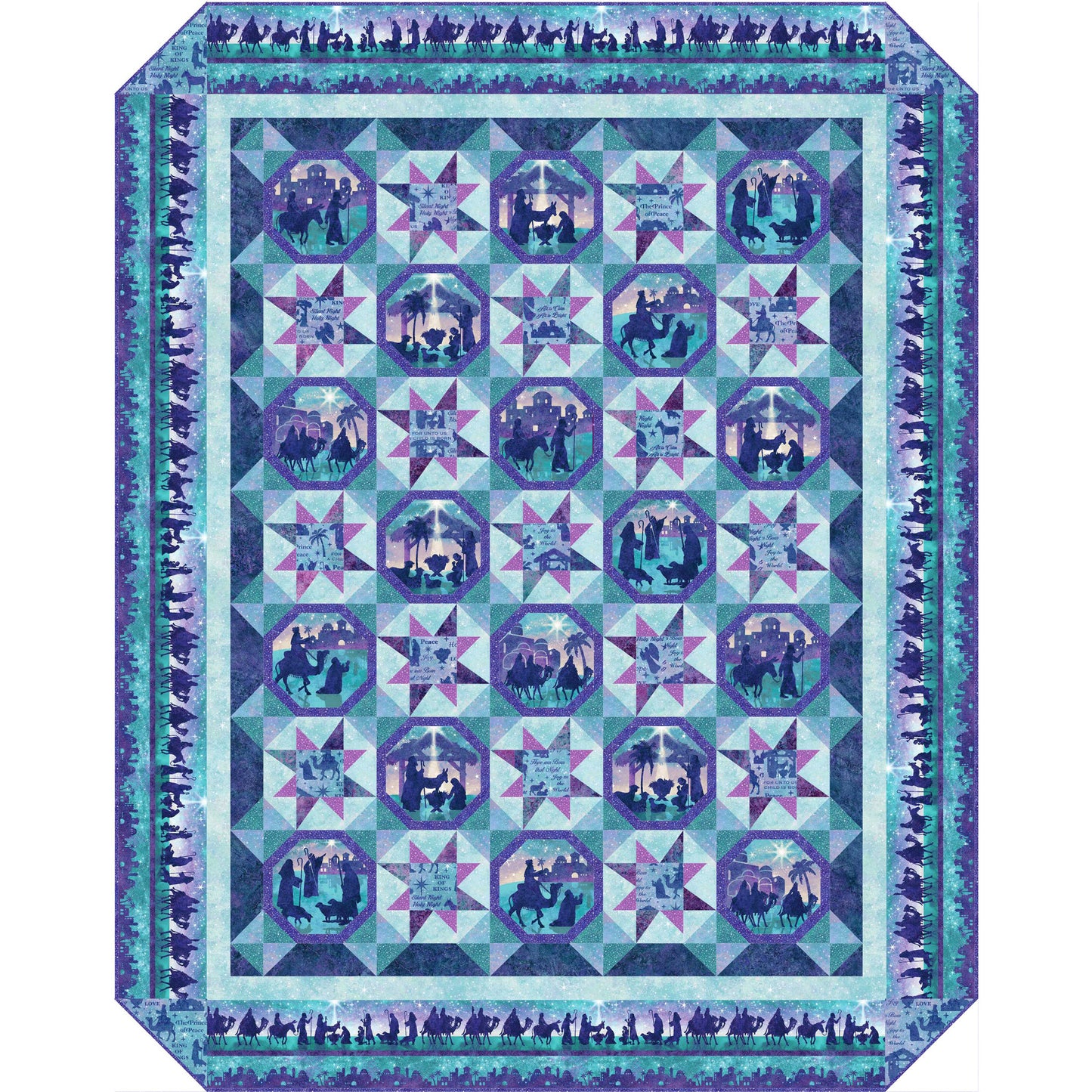 Pretty, festive quilt in blues with purple accent fabric features snowball blocks and stars with nativity scene fabric.